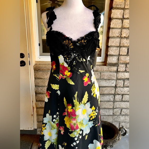 RICKIE FREEMAN for TERI JON Black Floral Print  Cotton Dress Black Lace 4 NWT - Picture 7 of 16